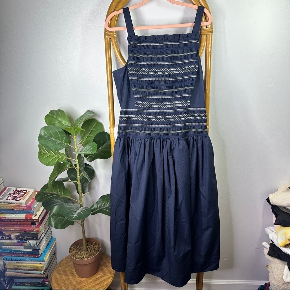 Jason Wu Smocked Drop Waist Midi Dress Navy Blue sz 14 - Picture 4 of 11